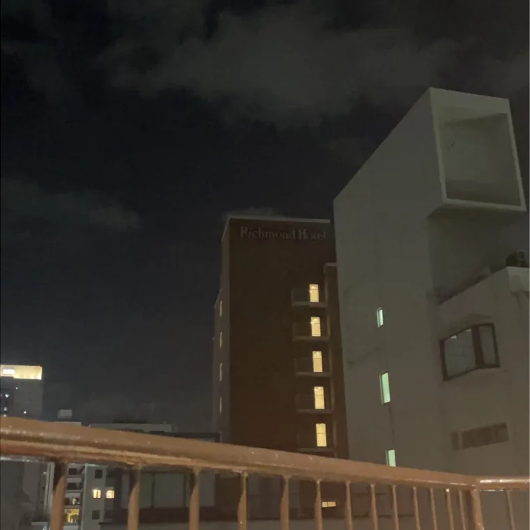 夜空の下に見えるホテルの建物と、手すりが写っている暗めの景色